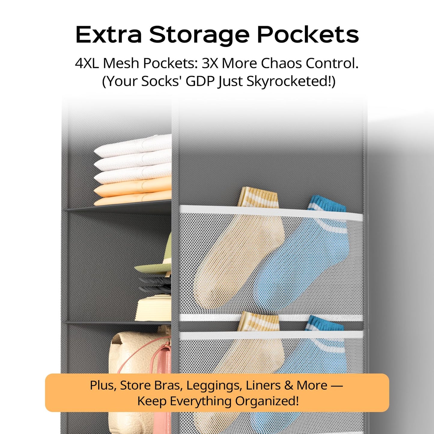Extra Deep Hanging Storage with 6 Shelves and Large Mesh Pockets, Durable, Heavy-Duty Wardrobe Storage Organiser