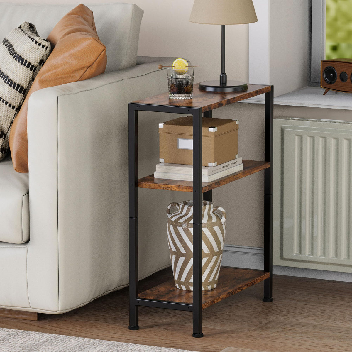 Vantimo Small Side Table, 3-Tier Thin End Table for Living Room, Narrow Bedside Table for Bedroom, Sofa, Couch Rustic Brown