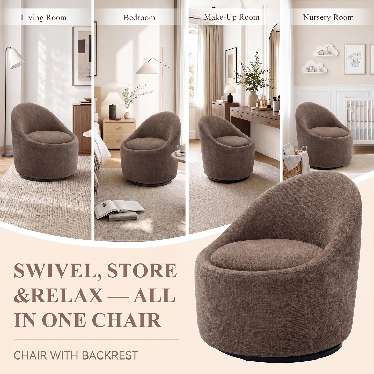 Barrel Swivel Accent Chair with Hidden Storage, 360° Rotating Lounge Chair, Upholstered Breathable Fabric, High Density Foam Seat