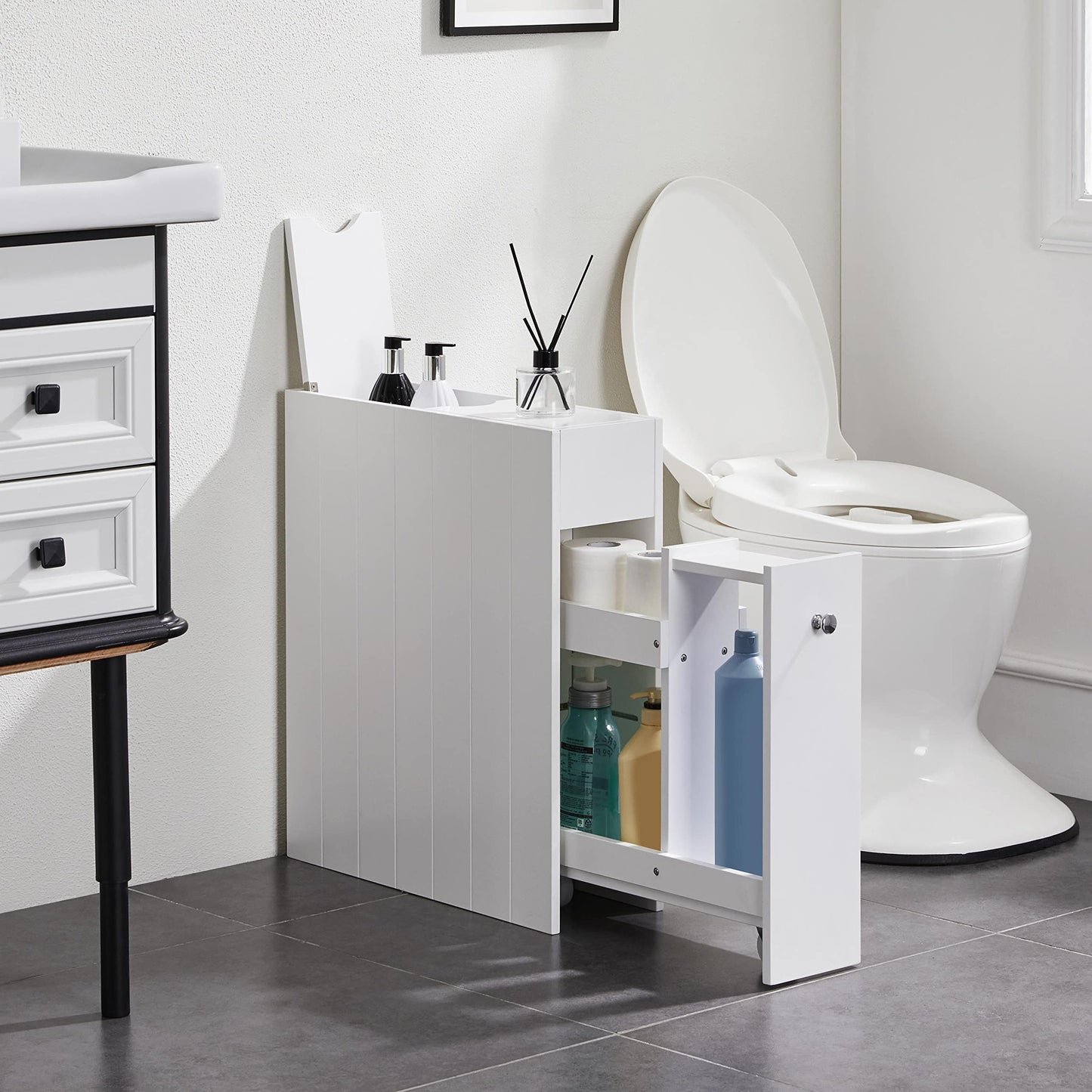 Yaheetech Slim Bathroom Cabinet on Wheels with Drawer & Slide Shelf, White