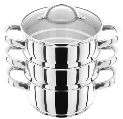 Judge Stainless Steel 3 Tier Steamer Set with 16cm 600ml Casserole, 2 Steamers and Lid, Induction Ready, Gift Boxed - 25 Year Guarantee