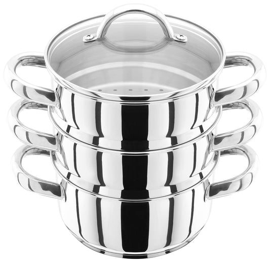 Judge Stainless Steel 3 Tier Steamer Set with 16cm 600ml Casserole, 2 Steamers and Lid, Induction Ready, Gift Boxed - 25 Year Guarantee