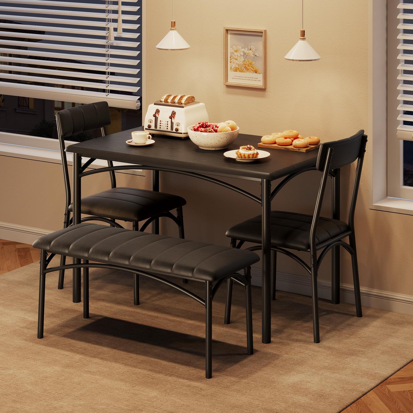 Lidzopas Dining Table Set Upholstered Chairs & Bench, Compact Space-Saving, Industrial Rustic Metal Frame, Sturdy Durable