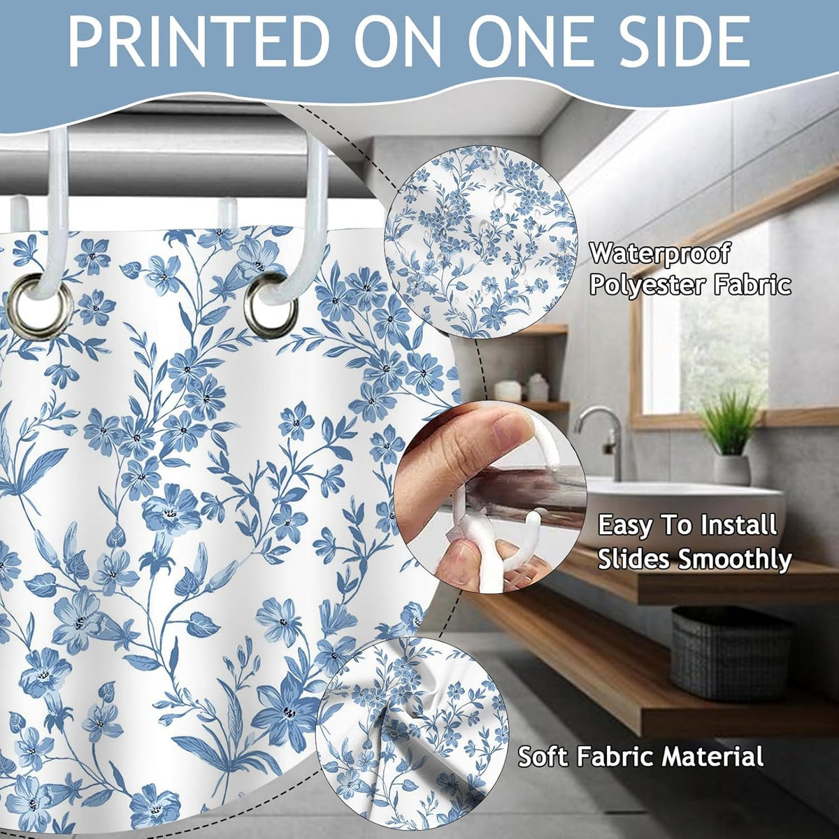 Avezano Floral Shower Curtain Blue Flower Bathroom Shower Curtain Blue Waterproof Fabric Shower Curtains Bathtub Decor with 12 Hooks 72 X 72 Inches