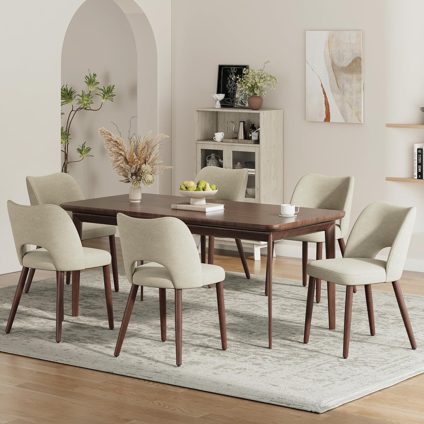 MALOL Upholstered Dining Chairs Set of 6, Fabric Chairs for Dining Room with Solid Wood Legs, Hollow Backrest and Thick Seat Cushion