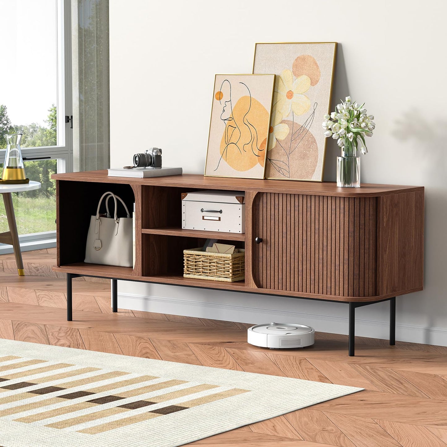 Skokliz TV Stand Cabinet for TVs up to 65 inch, Mid-Century Modern TV Console with 2 Tambour Door Storage, 150cm Long TV Cabinets for Living Room