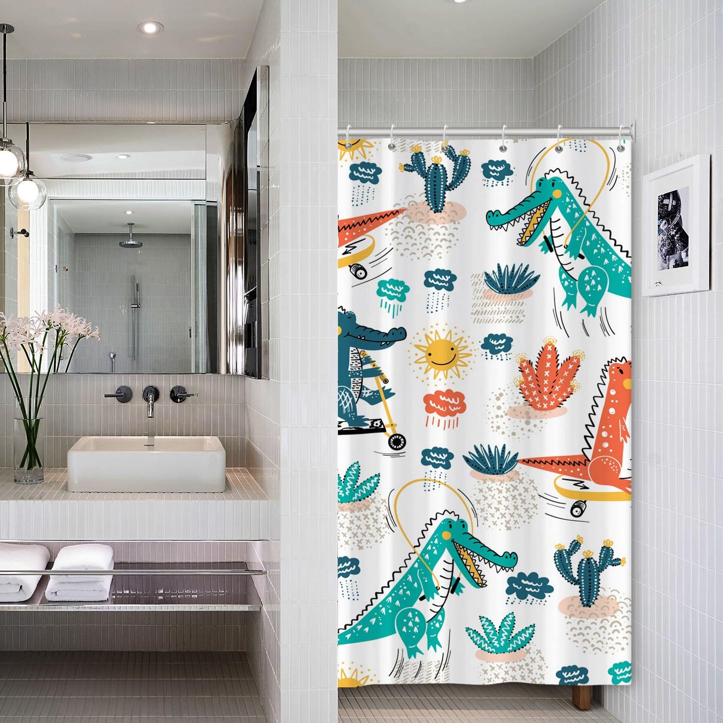 ASDCXZ Kids Shower Curtain 90x180 cm, Cute Cartoon Crocodile Cactus Sun Cloud Bath Washable Narrow Shower Curtains with eyelets Polyester Textile