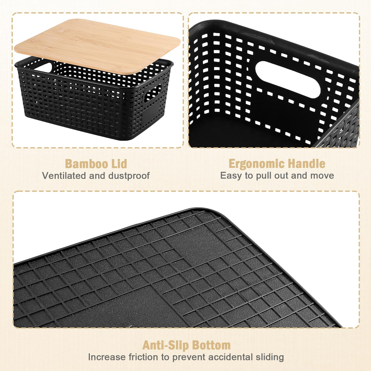 Huiguli 6 Pack Black Plastic Storage Boxes with Bamboo Lid