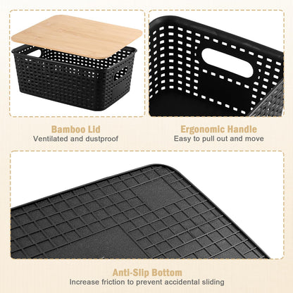 Huiguli 6 Pack Black Plastic Storage Boxes with Bamboo Lid