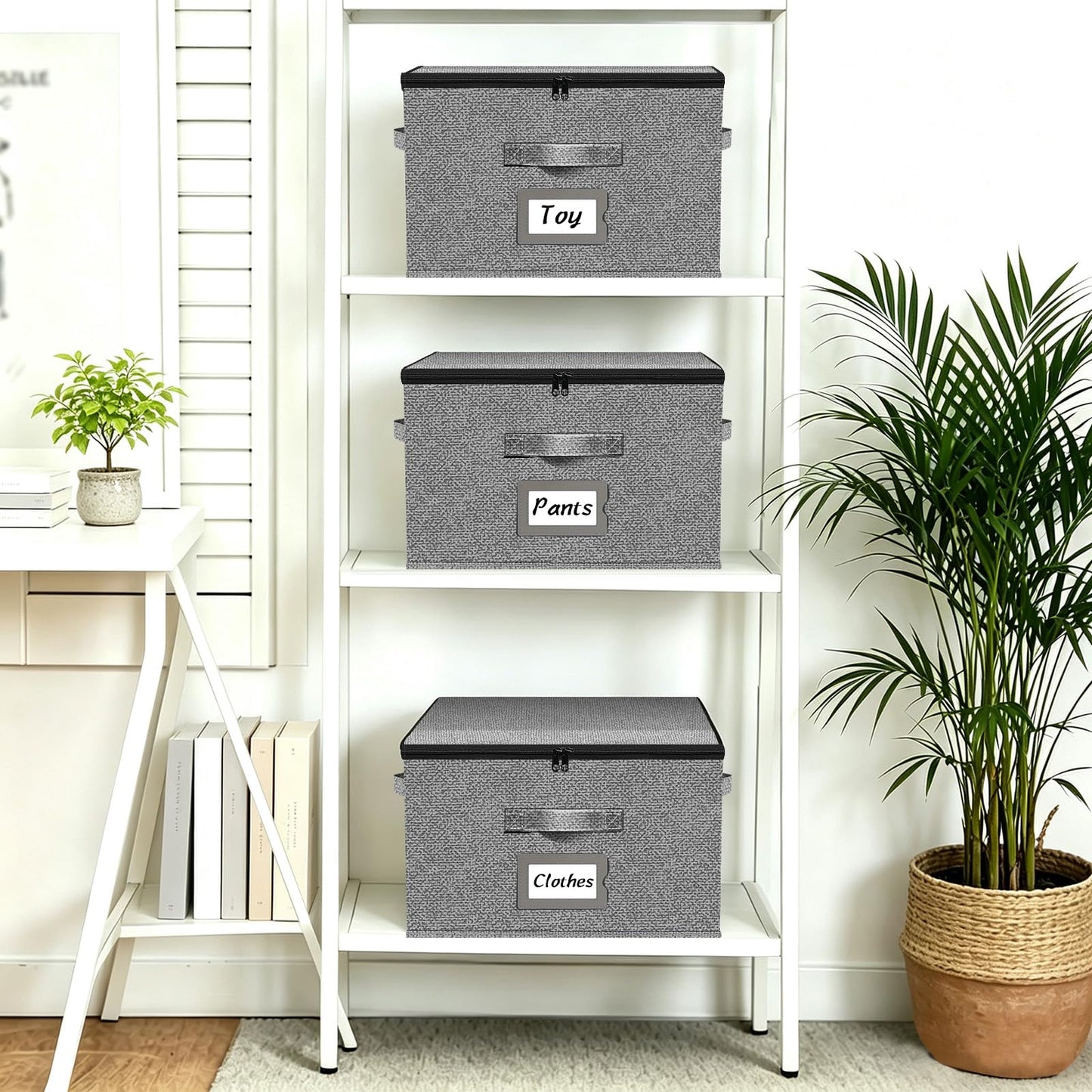 BrilliantJo Storage Boxes with Lids set of 3, Clothes Organiser with Label Holder & Double Zips 40x30x25cm Grey