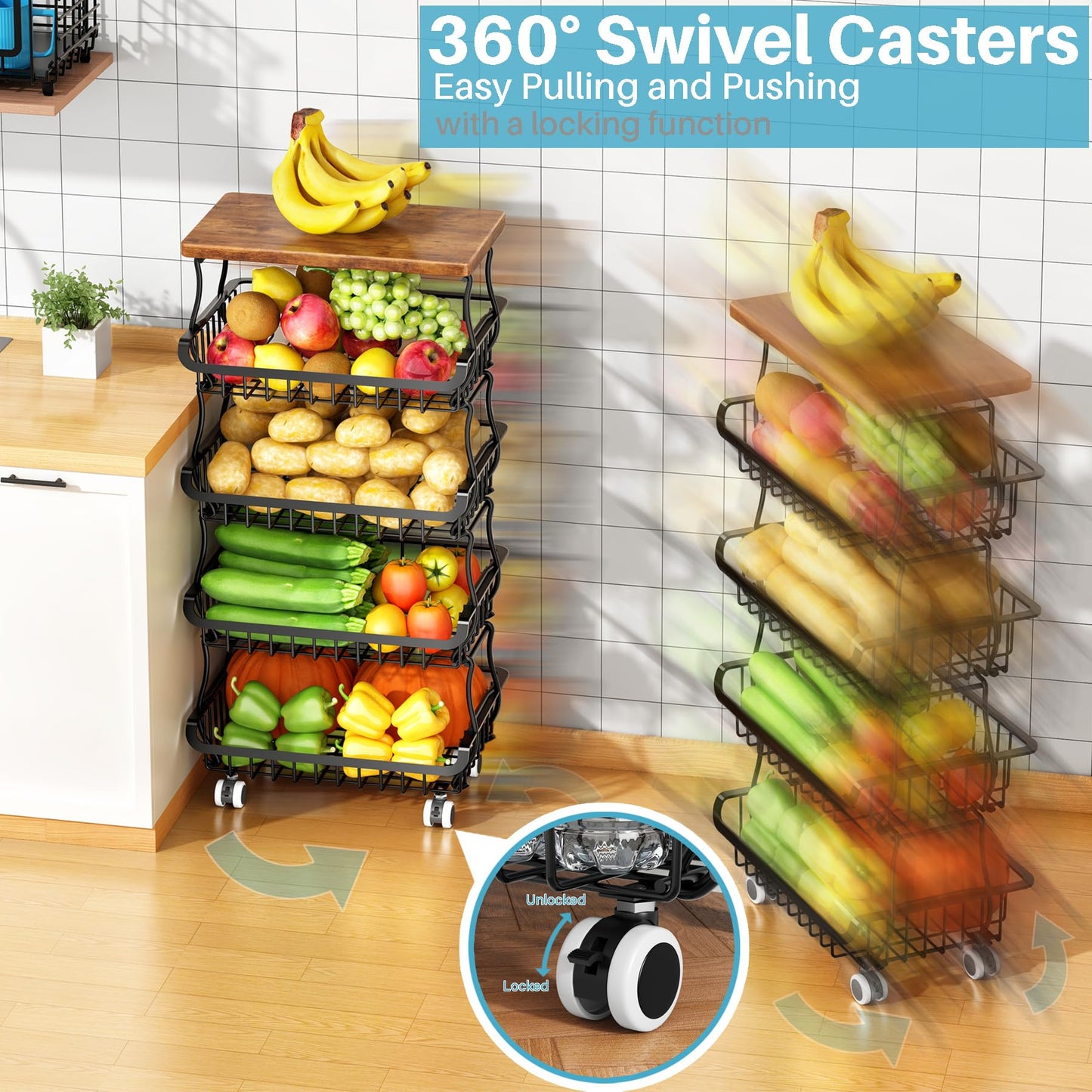 5 Tier Vegetable Fruit Basket for Kitchen, Stackable Metal Fruit and Vegetable Storage Baskets with Rolling Wheels Cart