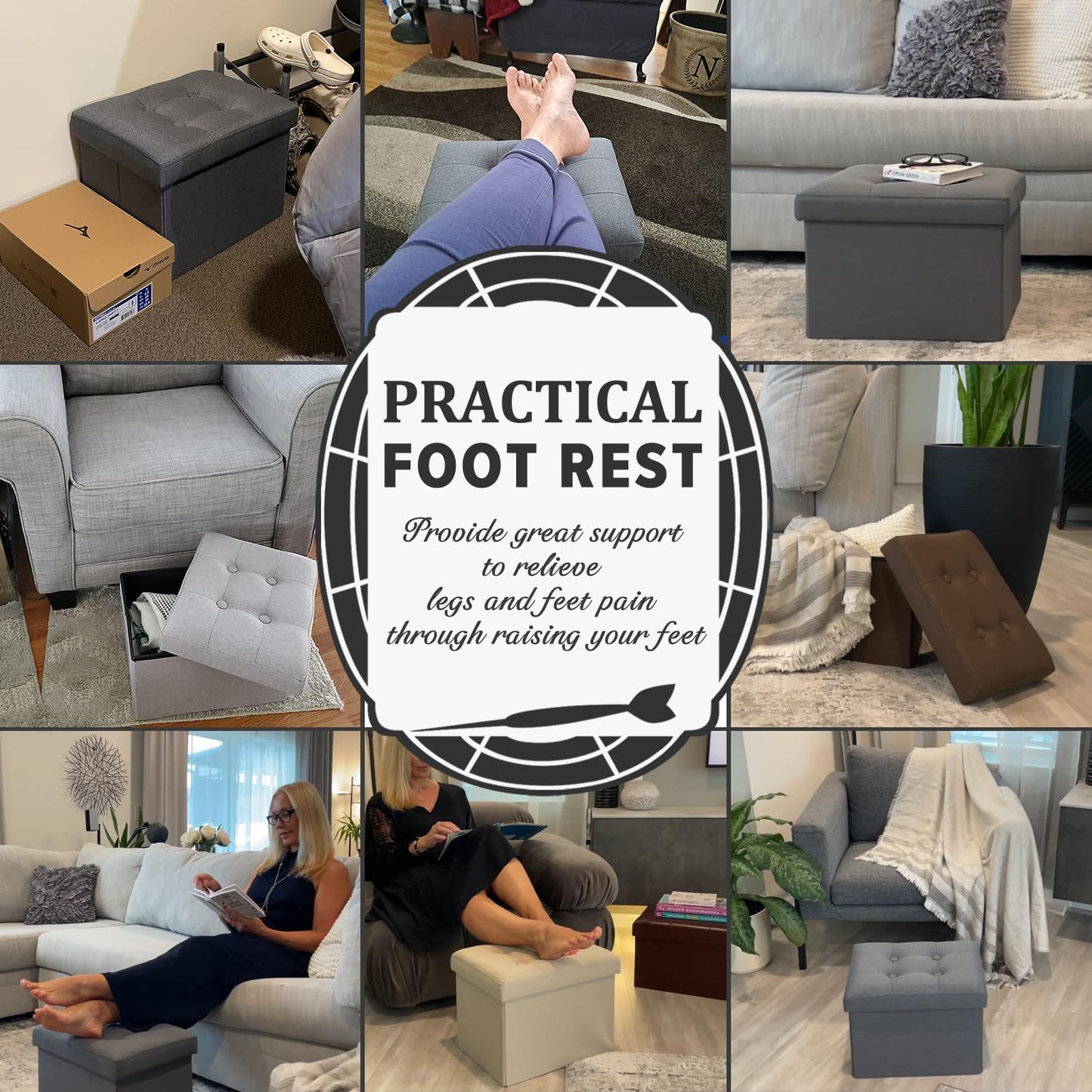LINMAGCO Ottoman Storage Ottoman with Storage Small Foot Rest Stool Under Desk Stool Short Folding Footrest Linen Cloth Dark Gray 41X30X30CM