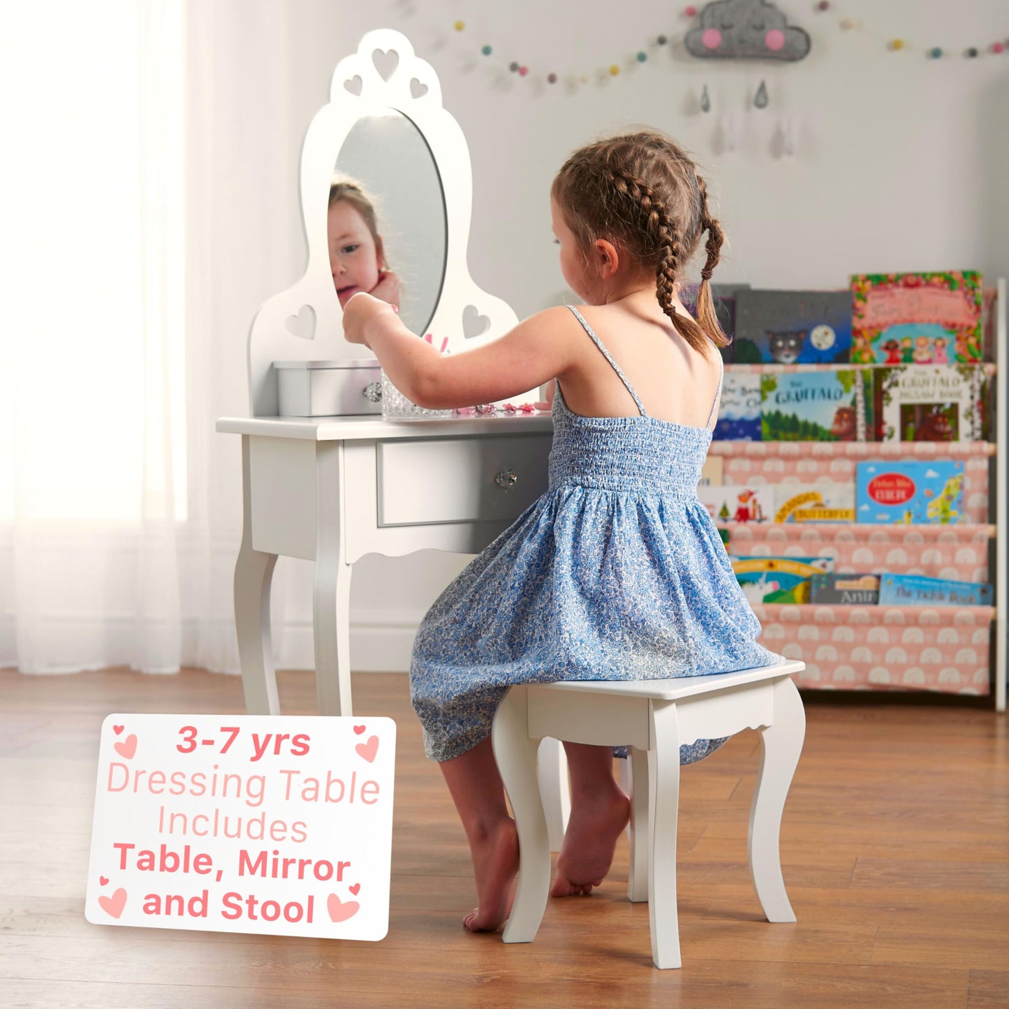 Runesol Girls Dressing Table (Age 3-7yrs) With Mirror and Stool, Ideal Present for Girls, Kids Dressing Vanity Table Set with Crystal Knobs and Chair,