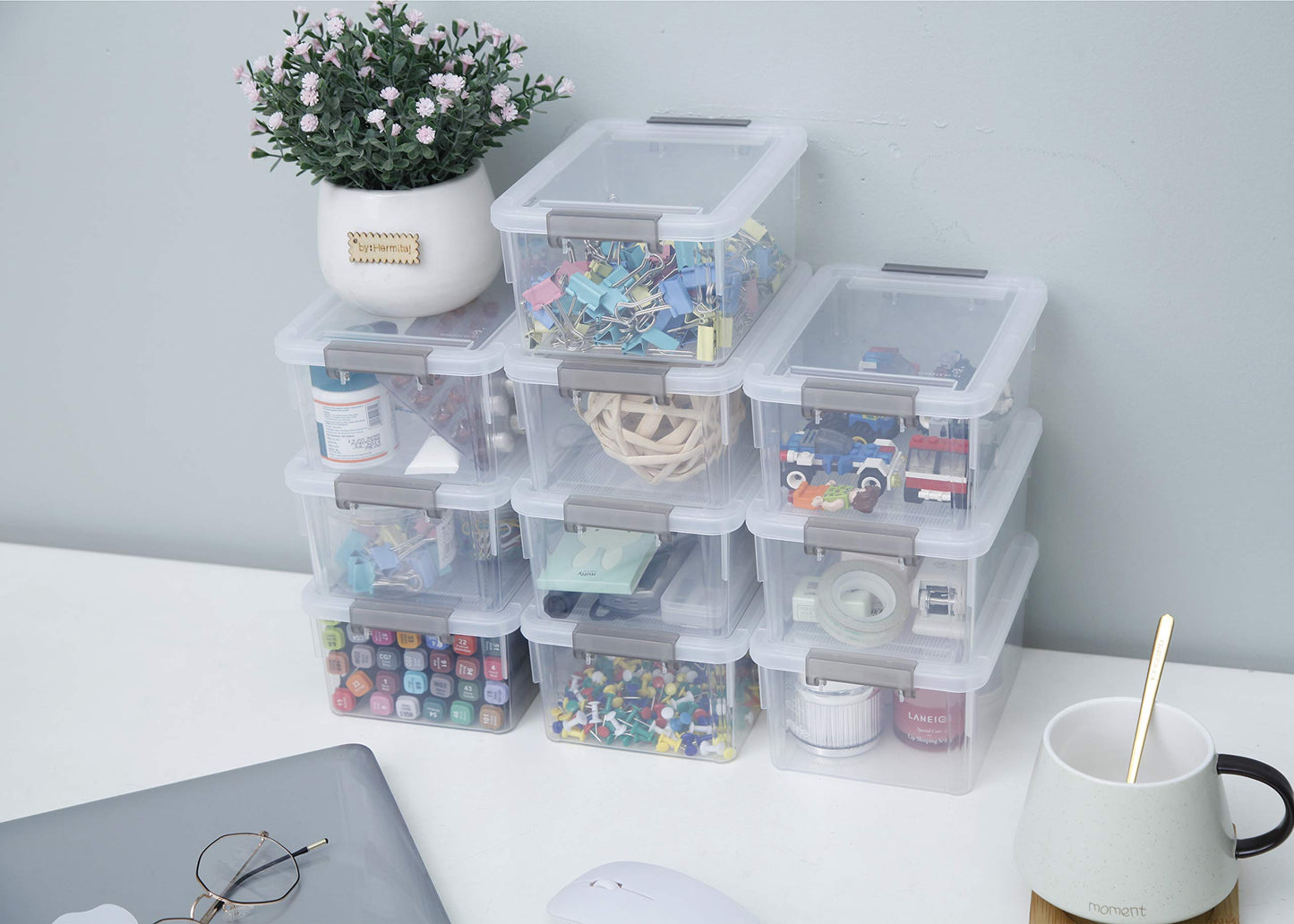 Citylife 10 Pack Storage Boxes with Lids Plastic Small Clear Stackable Box for Shelves Toys, 1.25L