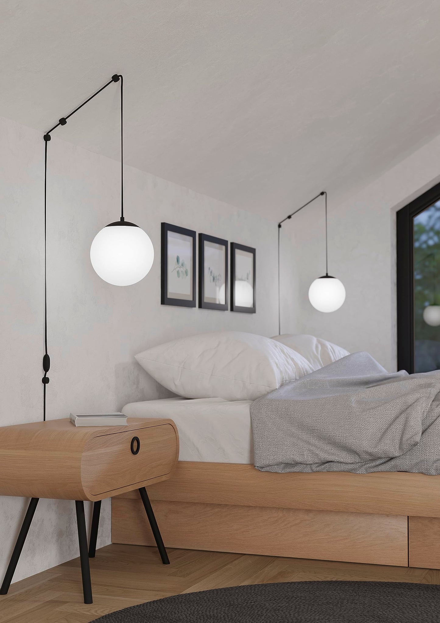 Eglo Hanging lamp Rondo 3, lamp Holder with Cable and Plug, Pendant lamp Above Dining Table, Dining Room lamp Made of Black Metal and White Glass, E27