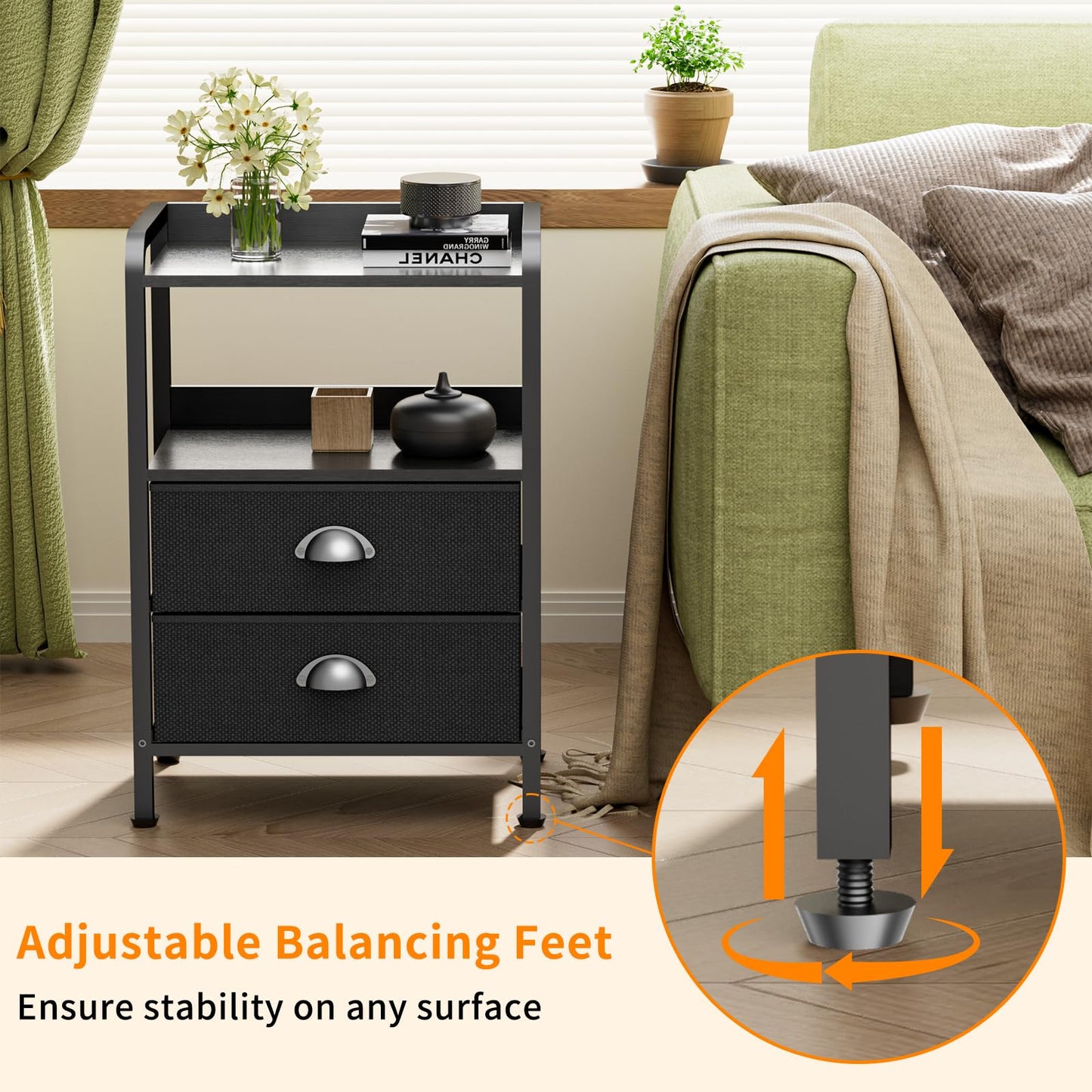 Bedside Table Chest of Drawers Bed Side Table Bedsides Tables Cabinet Nightstand with 2 Fabric Drawer Night Stand Shelf for Bedroom Living Room Small