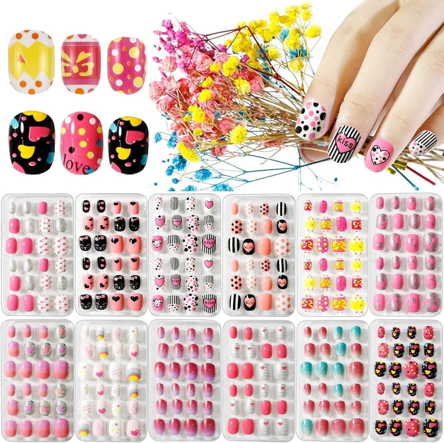 Kalolary 288 PCS Children False Nails, Cute False Nails Press on Pre-glue Full Cover Gradient Color Rainbow Pattern Short Nails with 2PCS Double-Side