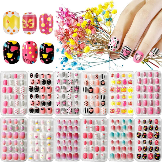 Kalolary 288 PCS Children False Nails, Cute False Nails Press on Pre-glue Full Cover Gradient Color Rainbow Pattern Short Nails with 2PCS Double-Side