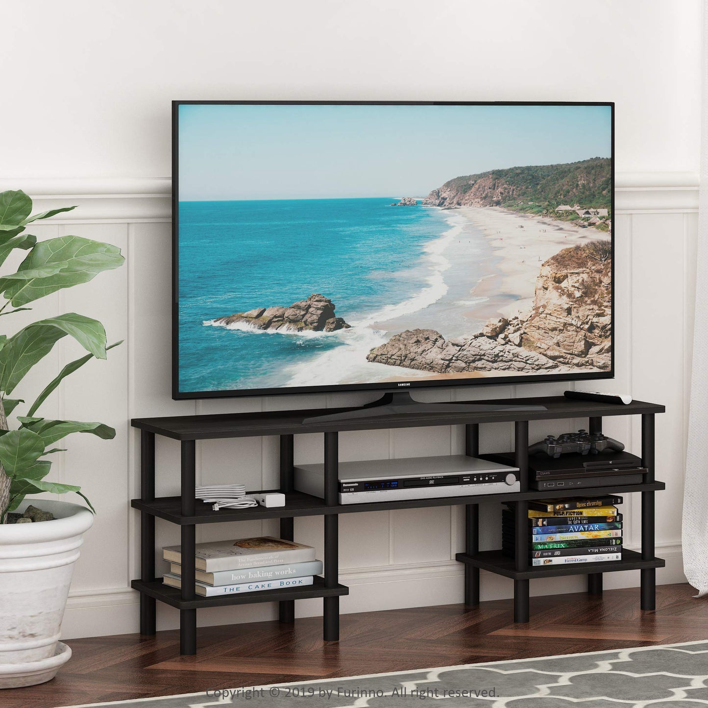 Furinno TURN-N-TUBE TV Stand, 3-Tier Multipurpose Wide Shelf Entertainment Center, TV Console for TV up to 55 Inch, for Living Room, Bedroom, Espresso