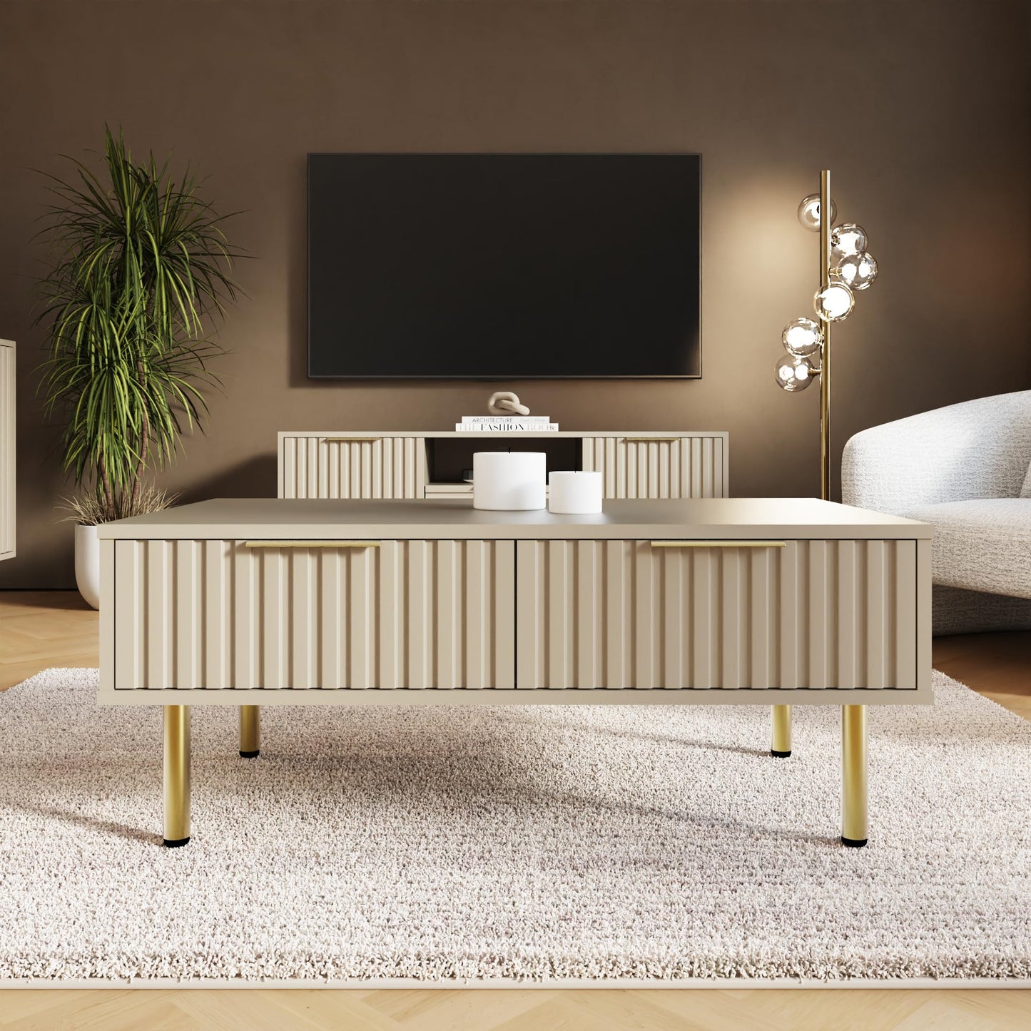 GFW Nervata Coffee Table with 2 Drawers, Oak Effect Living Room Table with Gold Accents & Wood Grain Finish