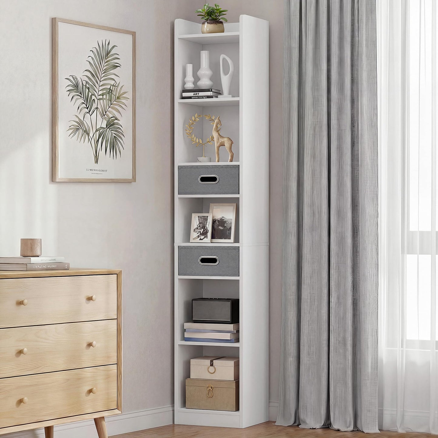 YITAHOME Tall Narrow Bookcase, Thin Corner 5-Tier Bookcase with 2 Fabric Drawers, Freestanding Display Shelf for Living Room, Bedroom, Office, White