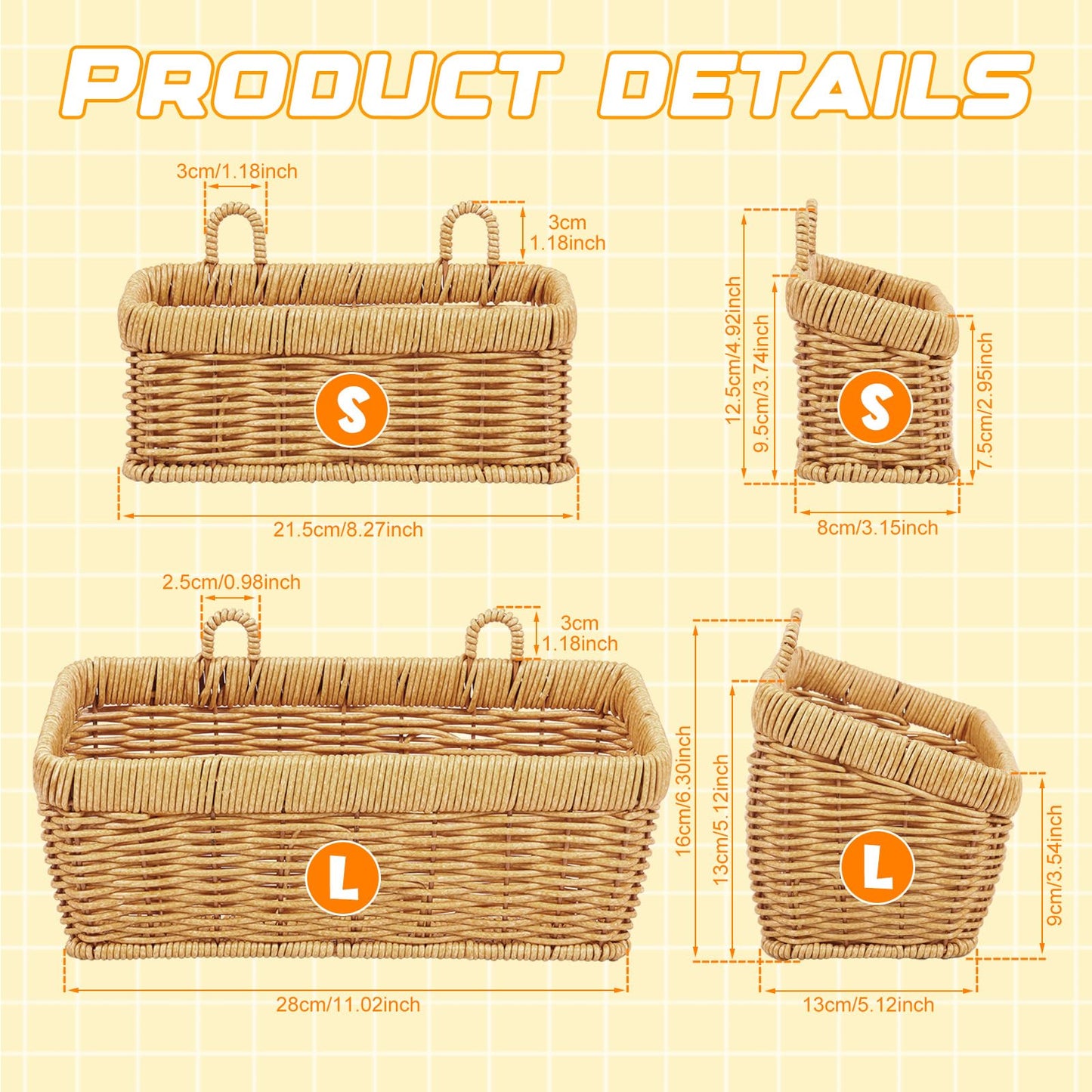 2 Pack Hanging Wall Baskets, Wicker Effect Plastic Rattan Woven Storage Baskets, Wall Mounted Organiser for Kitchen Onion Garlic
