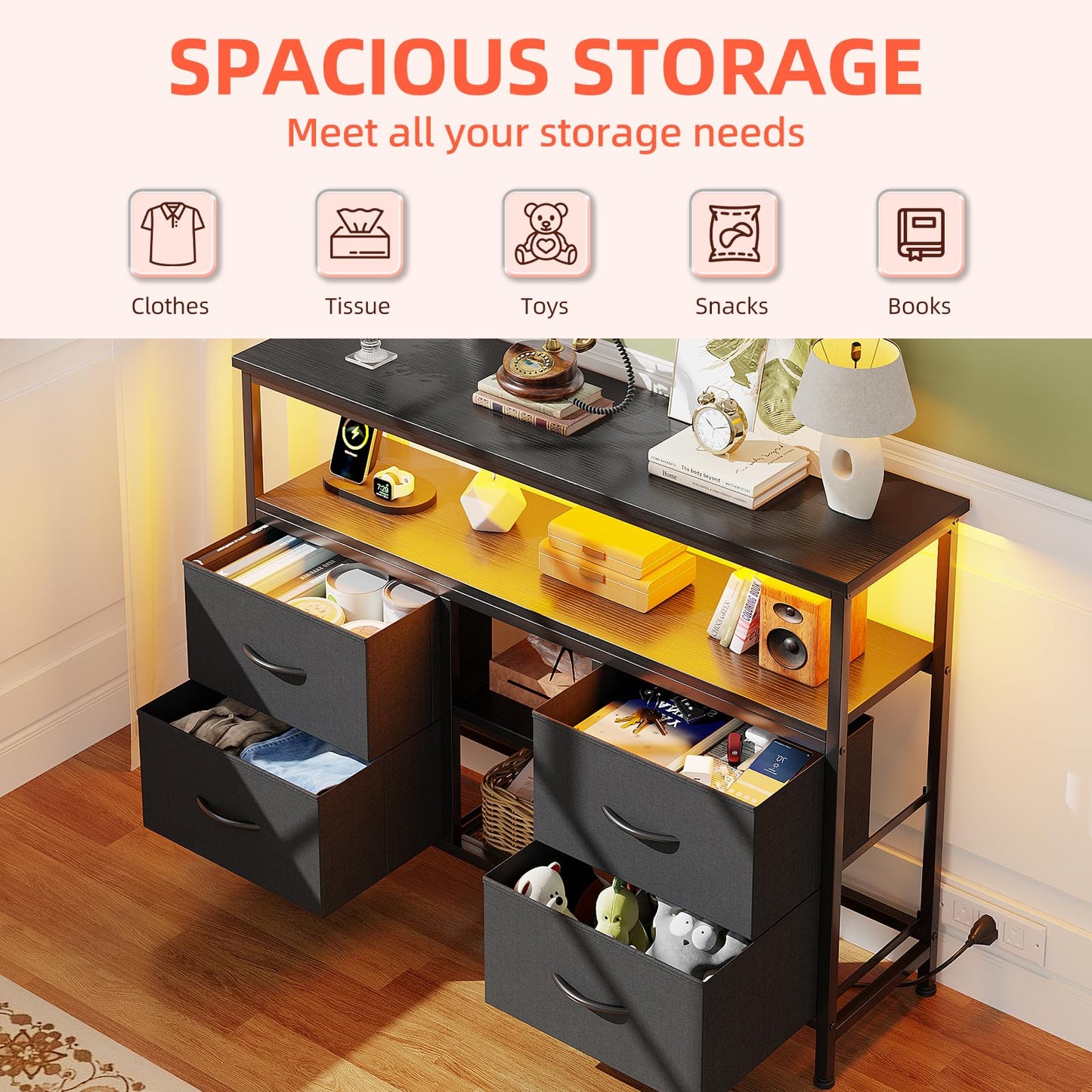 VERMESS 110cm TV Stand, TV Cabinet with Power Outlets & LED Light, 4 Fabric Drawers TV Unit for TVs Up to 55 inch