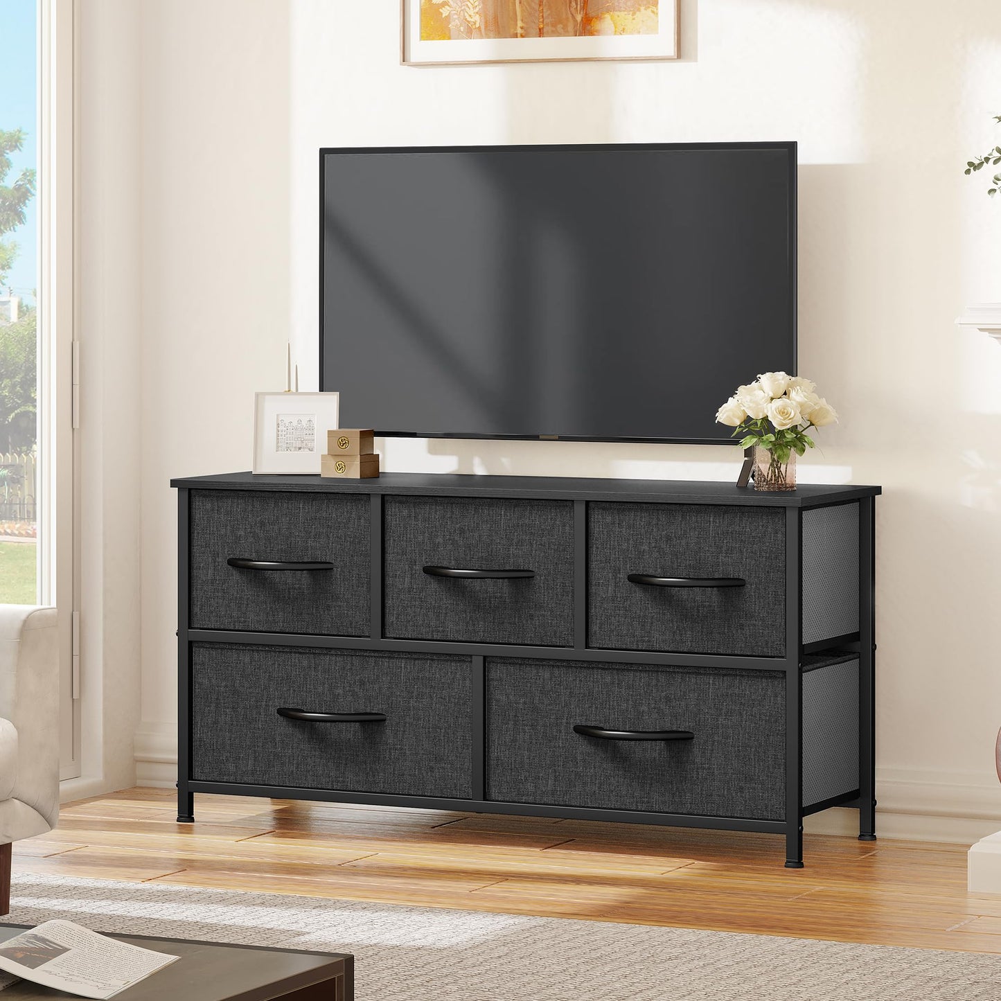 YITAHOME Wide Chest of Drawers with 5 Drawers, Fabric Dressers with Easy Pull Handle,Sturdy Steel Frame,Storage Drawers for Bedroom, Closet, Clothes