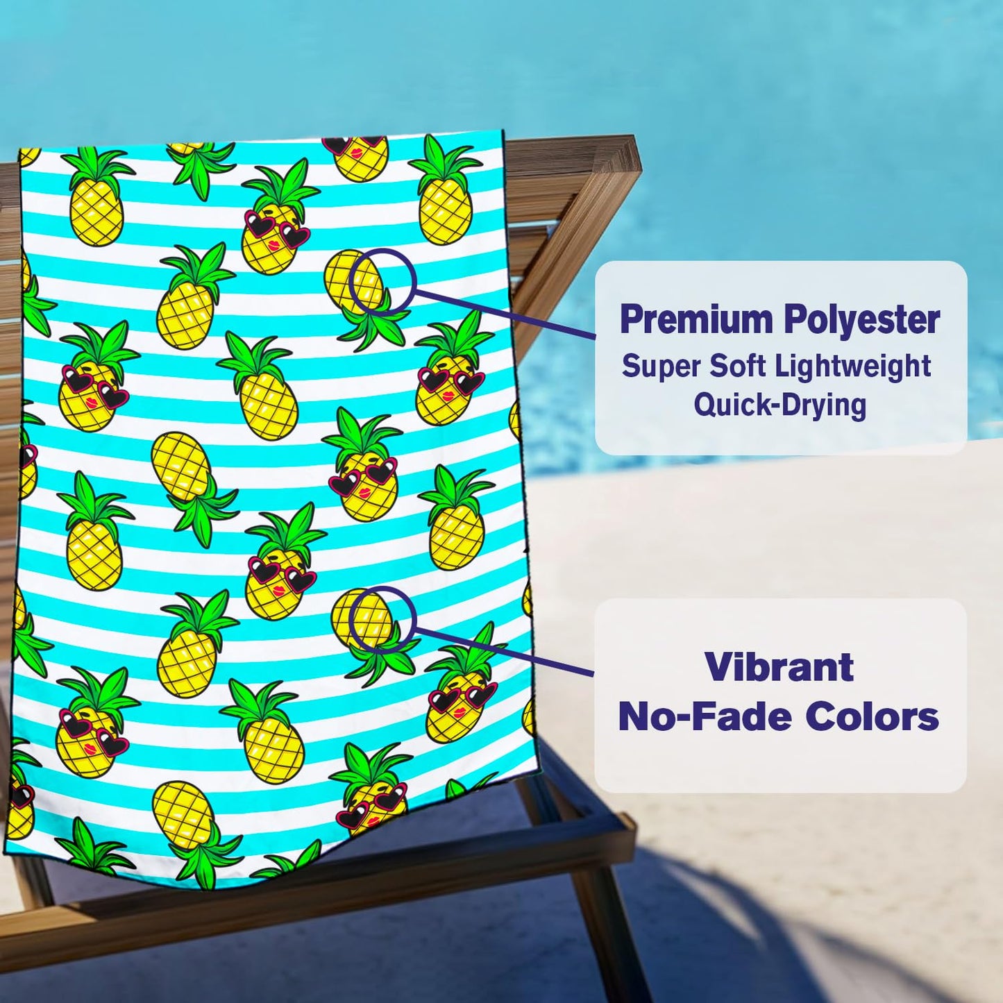 Violetpos Sunglasses Pineapple Stripe Beach Towel, Extra Large 180x90 cm 250GSM Microfibre, Sand Free Quick Dry