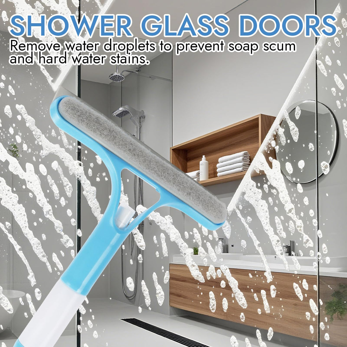 Shower Screen Wiper with Spray, 3 in 1 Window Glass Screen Cleaner Brush, Window Cleaning Kit, for Bathroom, Mirror and Car Glass blue