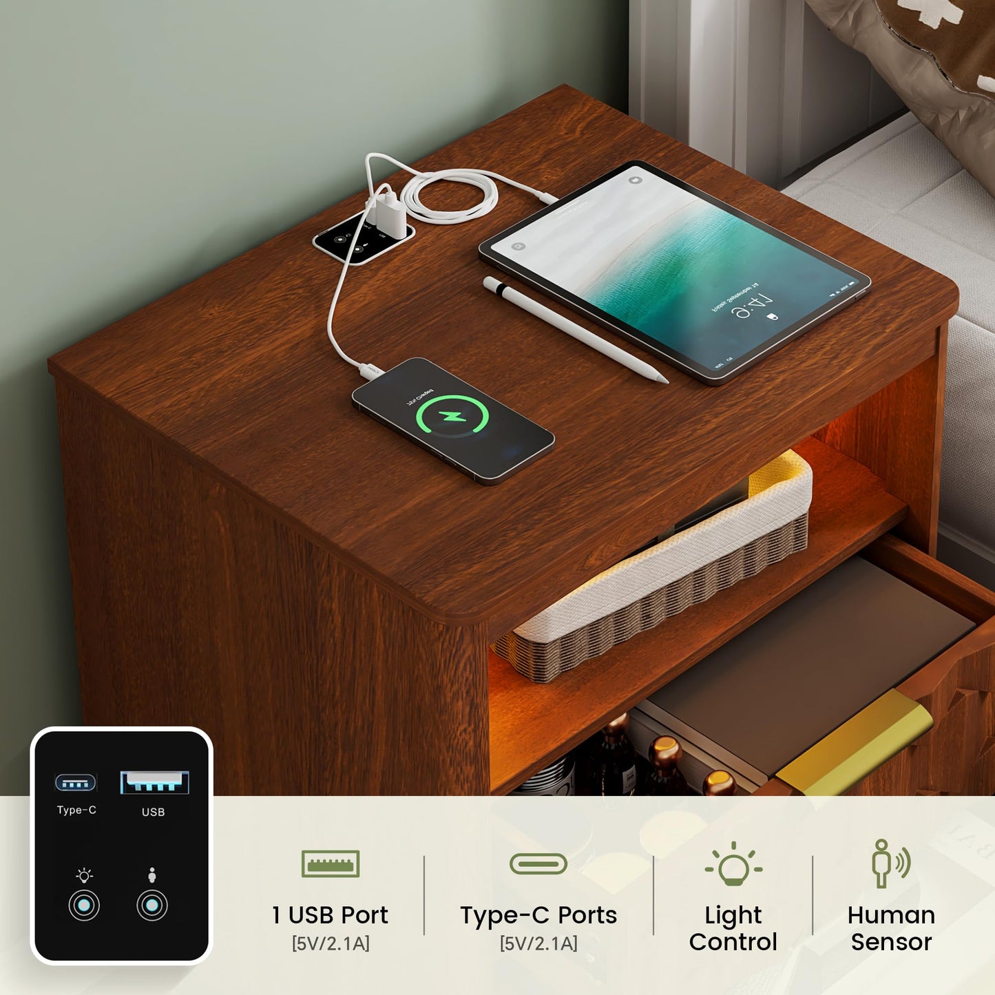 Gurexl Led Bedside Tables with USB and Human Body Sensor for Bedroom,Walnut