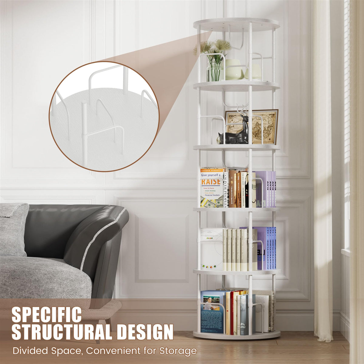 OCTORO 5 Tier Rotating Bookshelf, 360° Corner Bookshelf Tower, Round Revolving Bookcase with Adjustable Levels, Spinning Book Shelf for Home Office