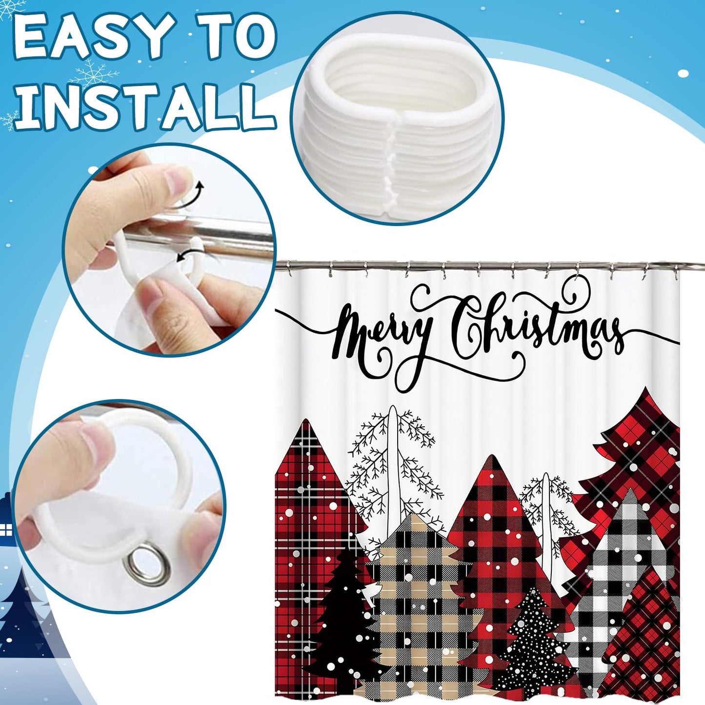 CoFlink 71×71 Inch Merry Christmas Shower Curtain, Waterproof Polyester Fabric Xmas Shower Curtain with 12 Hooks Machine Washable Quick Dry for