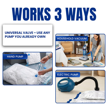 Clenvio Vacuum Compression Storage Bags with Free Hand Pump, 6 Pack Mixed Sizes, Transparent, Airtight Seal, Space Saver Bags for Clothes and Bedding