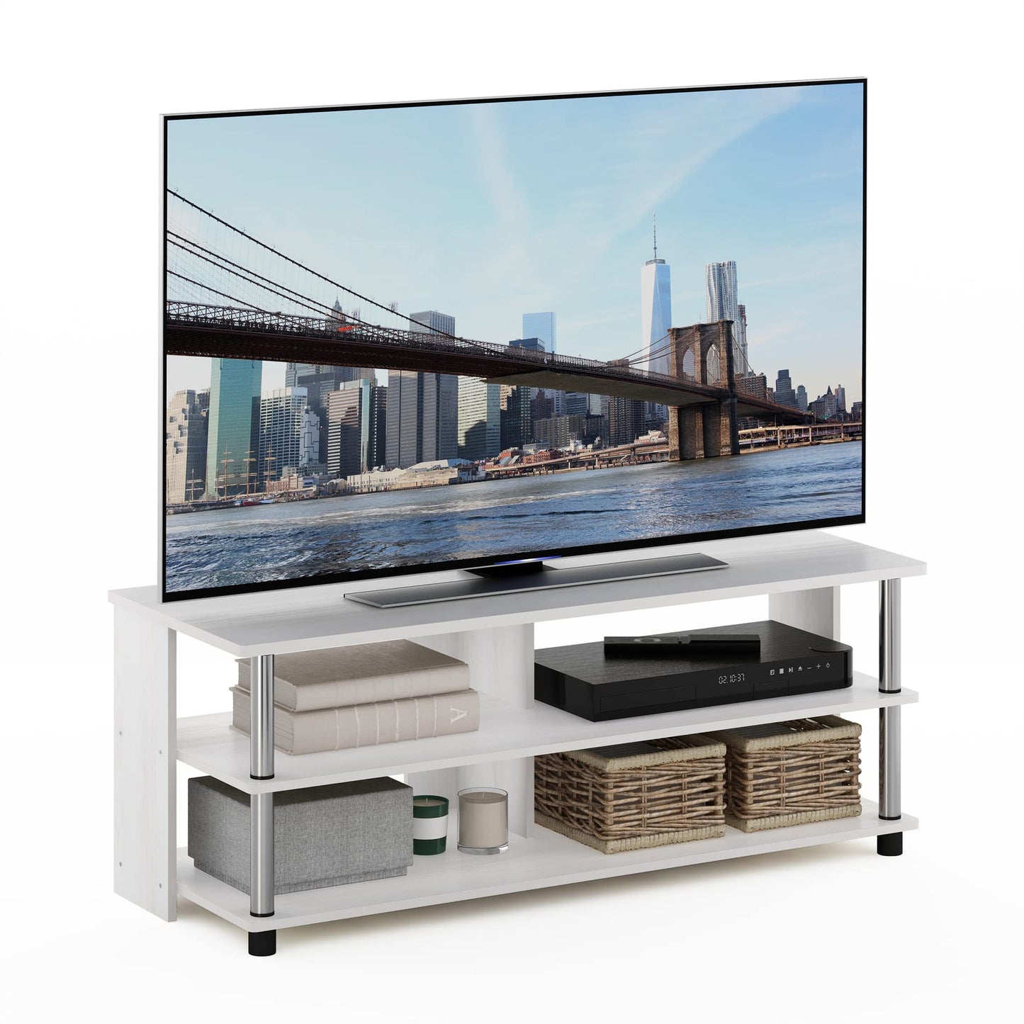 Furinno SULLY TV Stand, 3-Tier Rectangular Entertainment Center with Open Shelf, TV Console for TV up to 48 Inch, Open Frame for Cable Management