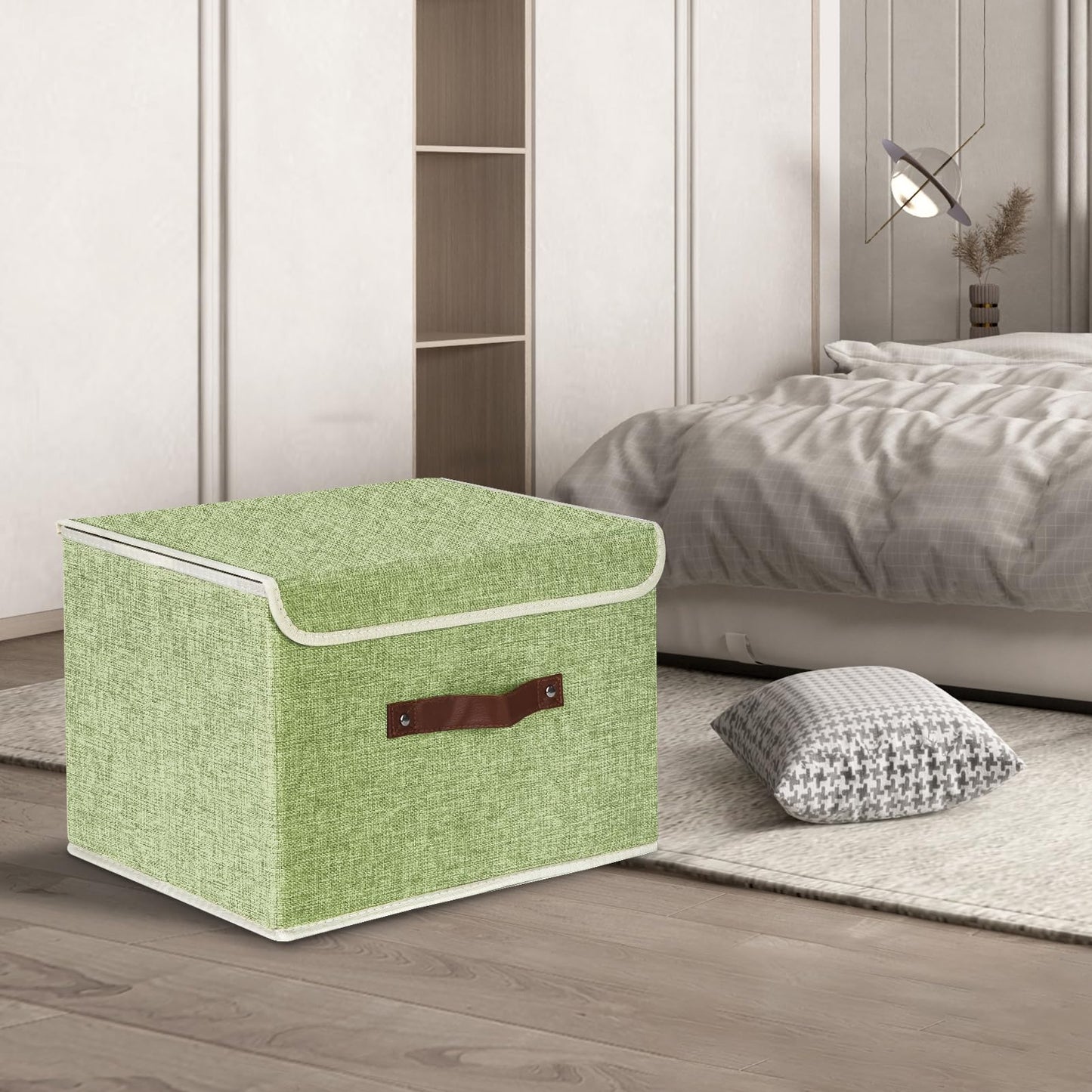 TYEERS Collapsible Storage Box with Lid, Fabric Storage Box for Clothes, Wardrobe Storage, 38x25x25 cm, Set of 2, Green