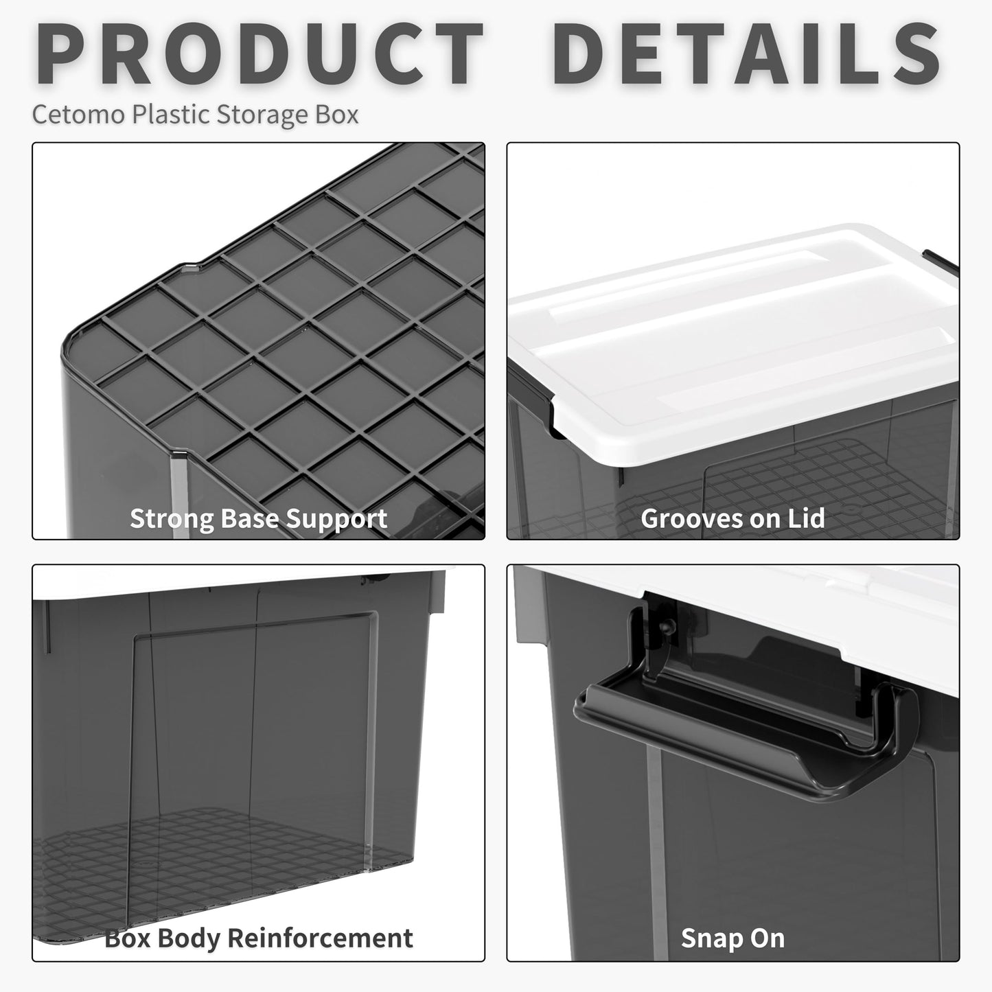 Cetomo 65L* 6Storage Boxes, Plastic Storage Box with Lids, Organizing Container with Secure Latching Buckles, Stackable, Nestable