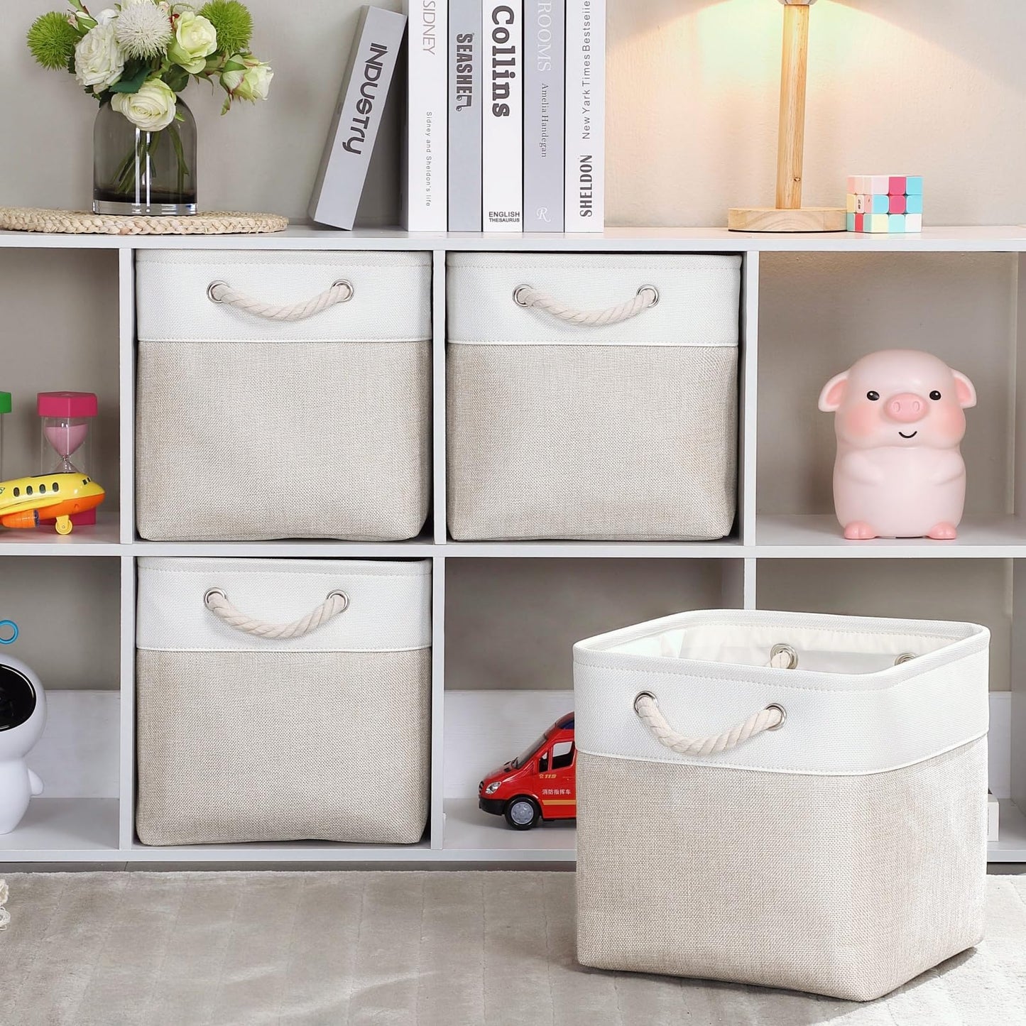 Mangata Fabric Storage Boxes,33x38x33cm Storage Baskets for Organizing Clothes Shelf Nursery Home Closet(Light Beige/White, Set of 4)