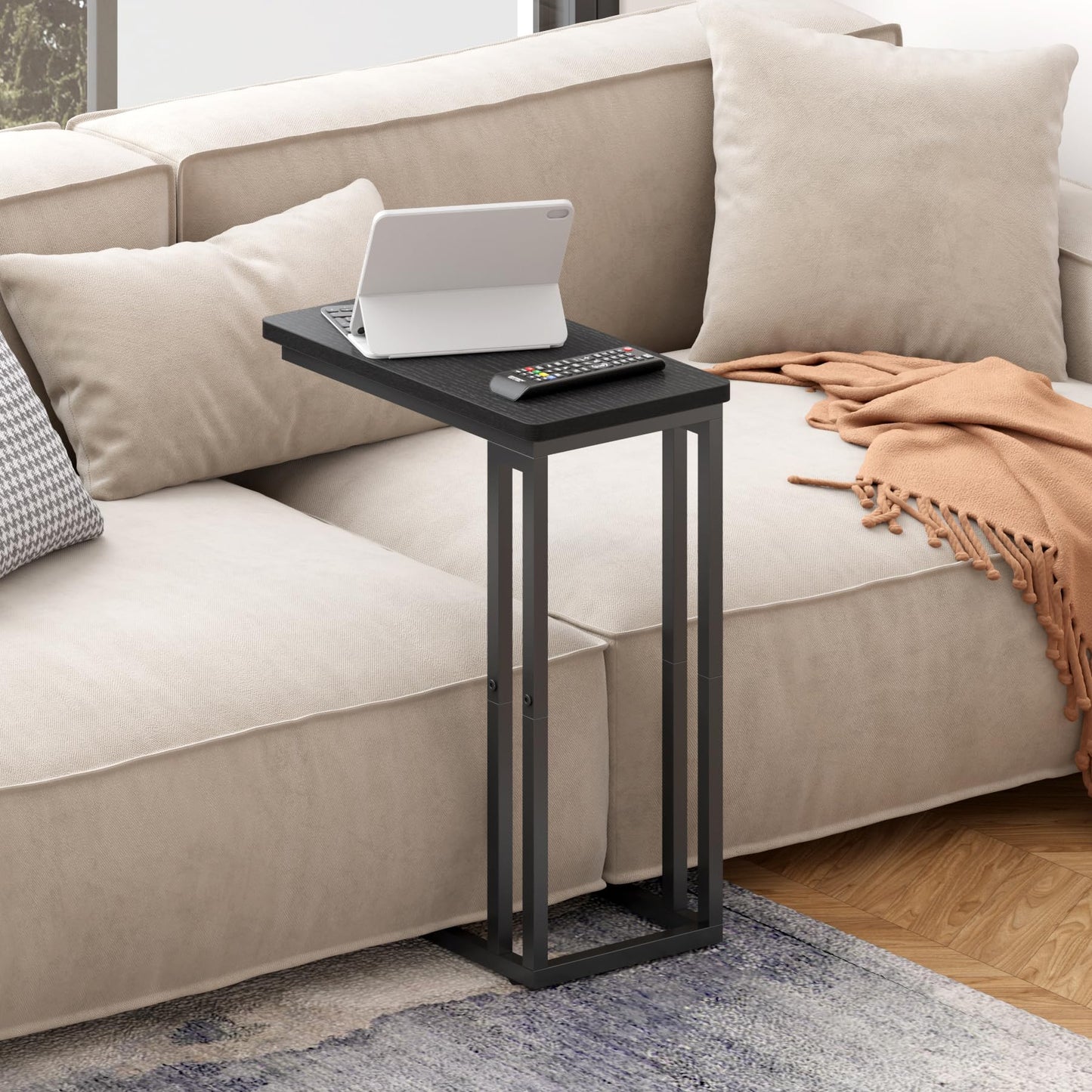Yusong C Shaped End Table, Couch Side Table That Slide Under Sofa Bed for Small Spaces, Skinny Overbed Table