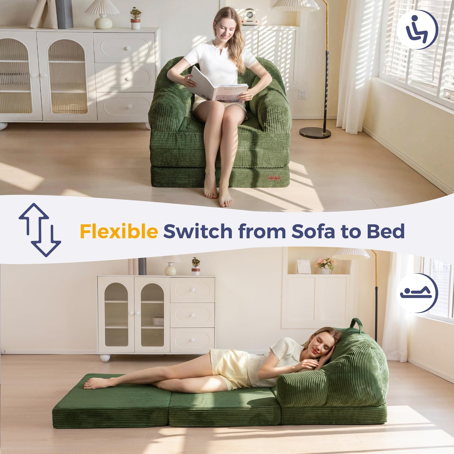 MAXYOYO Folding Sofa Bed with Backrest, Boneless Fold Out Couch Bed with Handle, 2 in 1 Convertible Bean Bag Chair to Floor Sofa Lounger