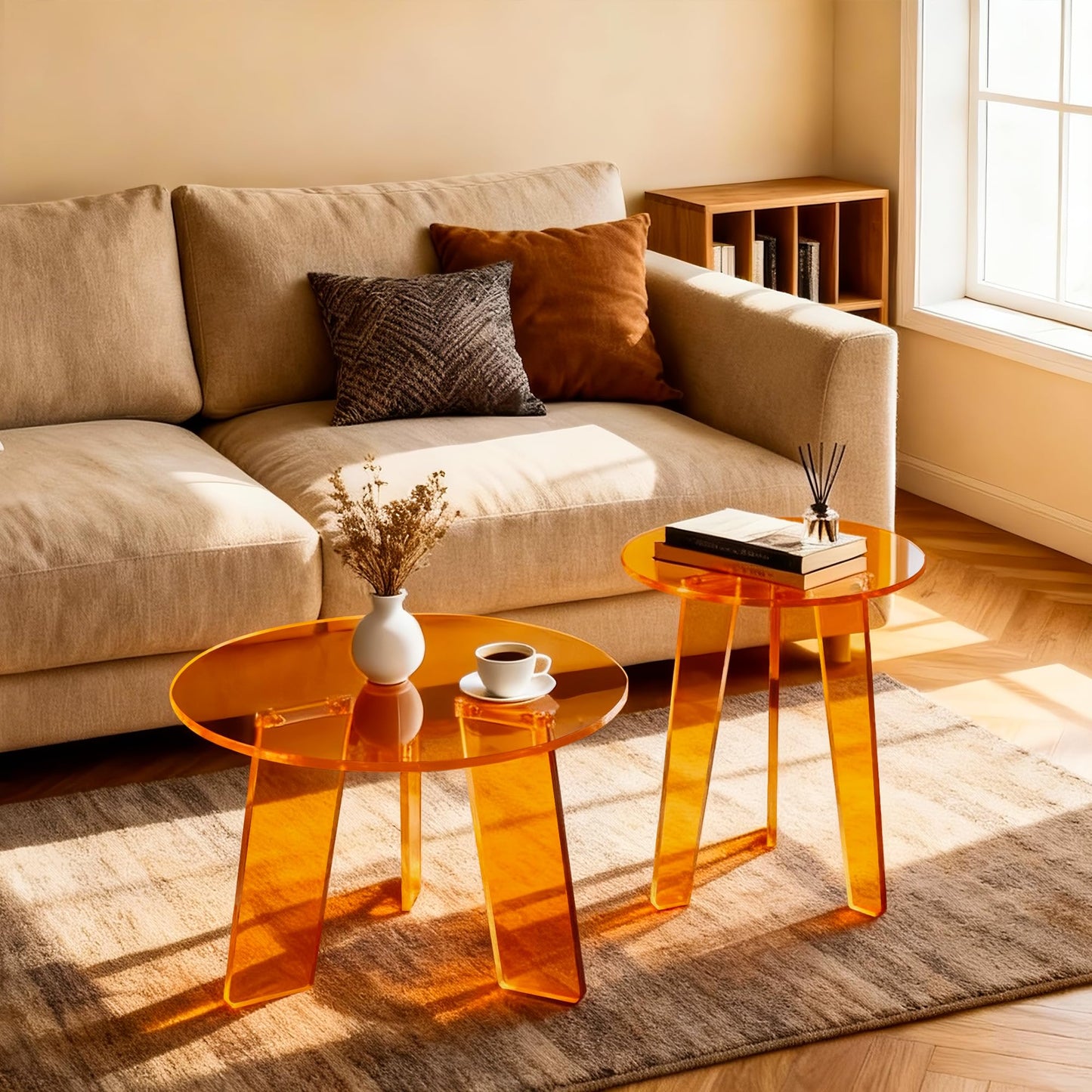 Dewrhiixe Acrylic Round Coffee Table, Clear Circle Modern Lucite Side Table for Living Room, Bedroom, Office (Orange, 60×60×40 cm)