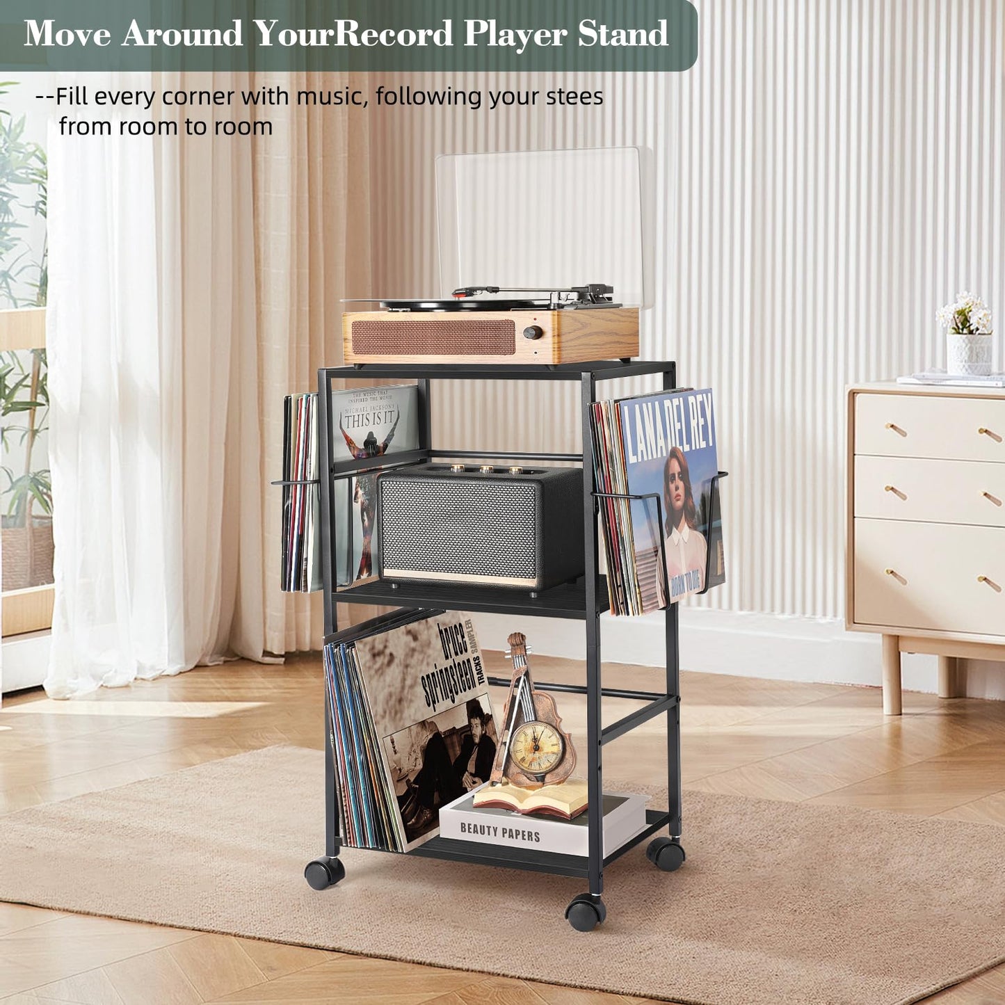 Bikoney Rolling Record Player Stand with Vinyl Storage for 150 Albums,Black
