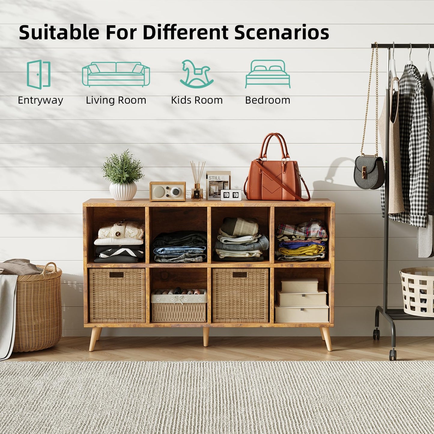 Flrrtenv 8-Cube Bookshelf 2 Tier Retro Bookcase with Legs, 120cm Wood Bookshelves Storage Organizer Shelf