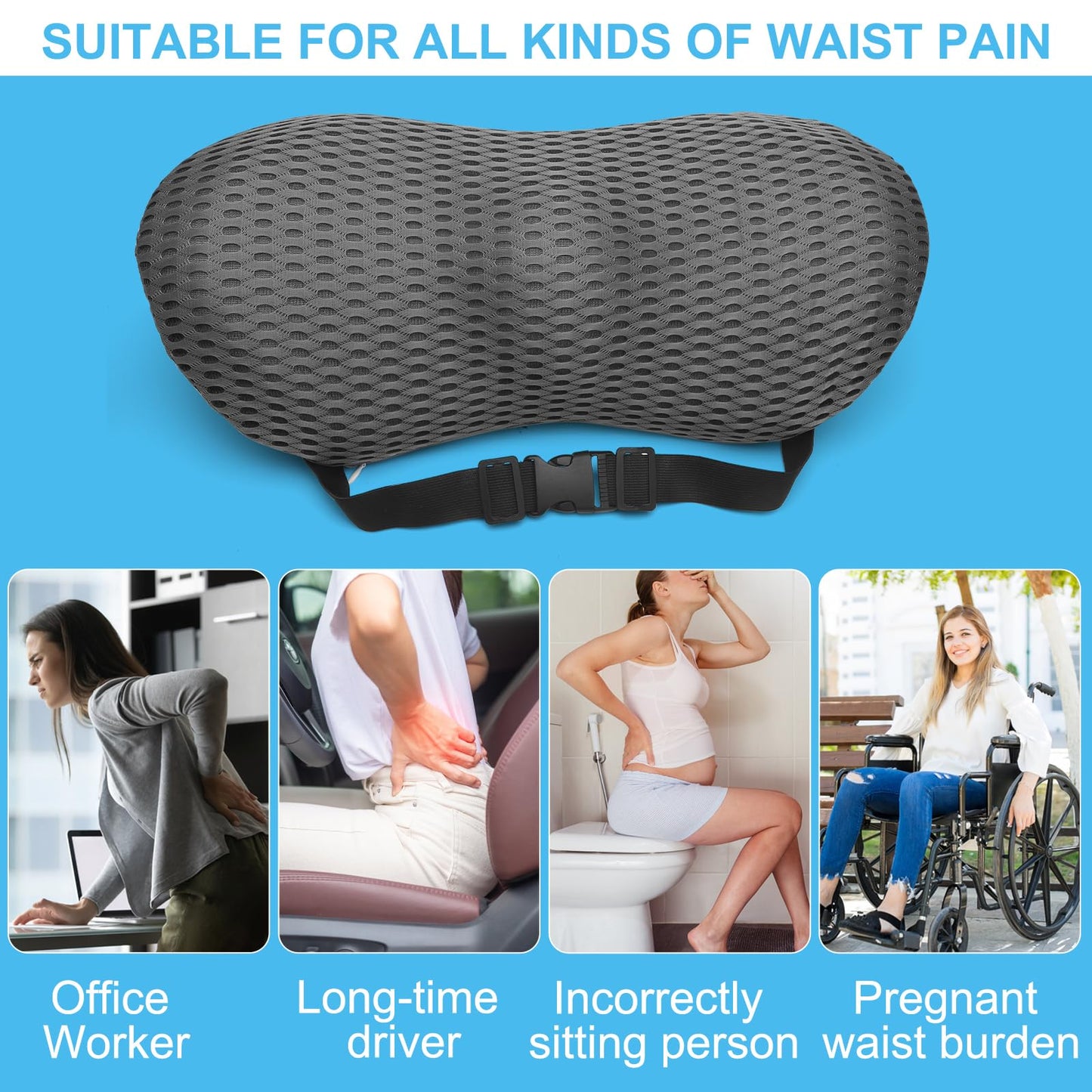 DAWRIS Lumbar Support Memory Foam Pillow, Lumber Support Cushions with Detachable Elastic Strap for Car Office Chair