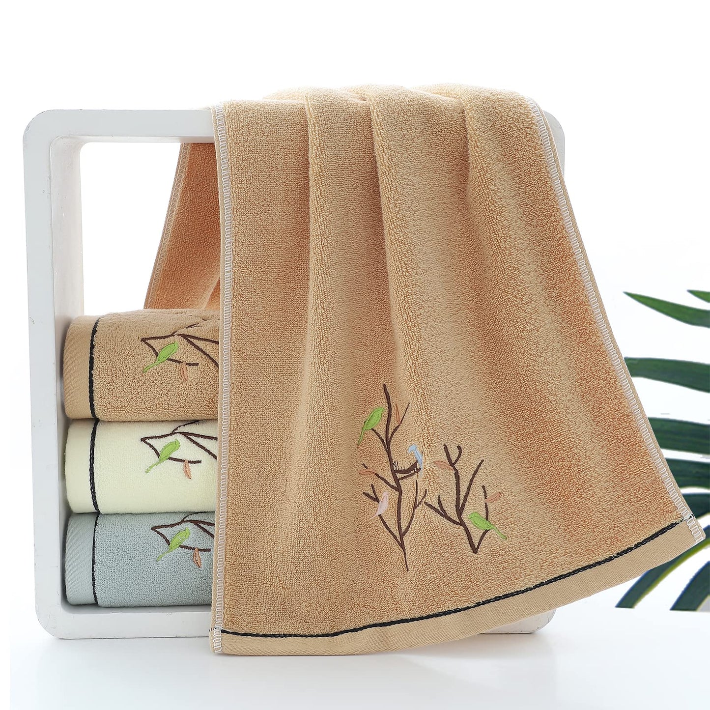 Pidada Hand Towels Set of 4 Embroidered Bird Tree Pattern 100% Cotton Absorbent Soft Decorative Towel for Bathroom 35 x 75 cm (Brown)
