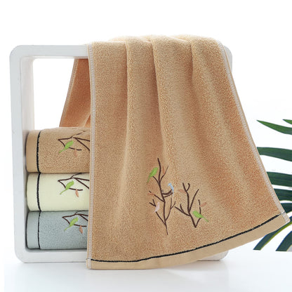 Pidada Hand Towels Set of 4 Embroidered Bird Tree Pattern 100% Cotton Absorbent Soft Decorative Towel for Bathroom 35 x 75 cm Brown