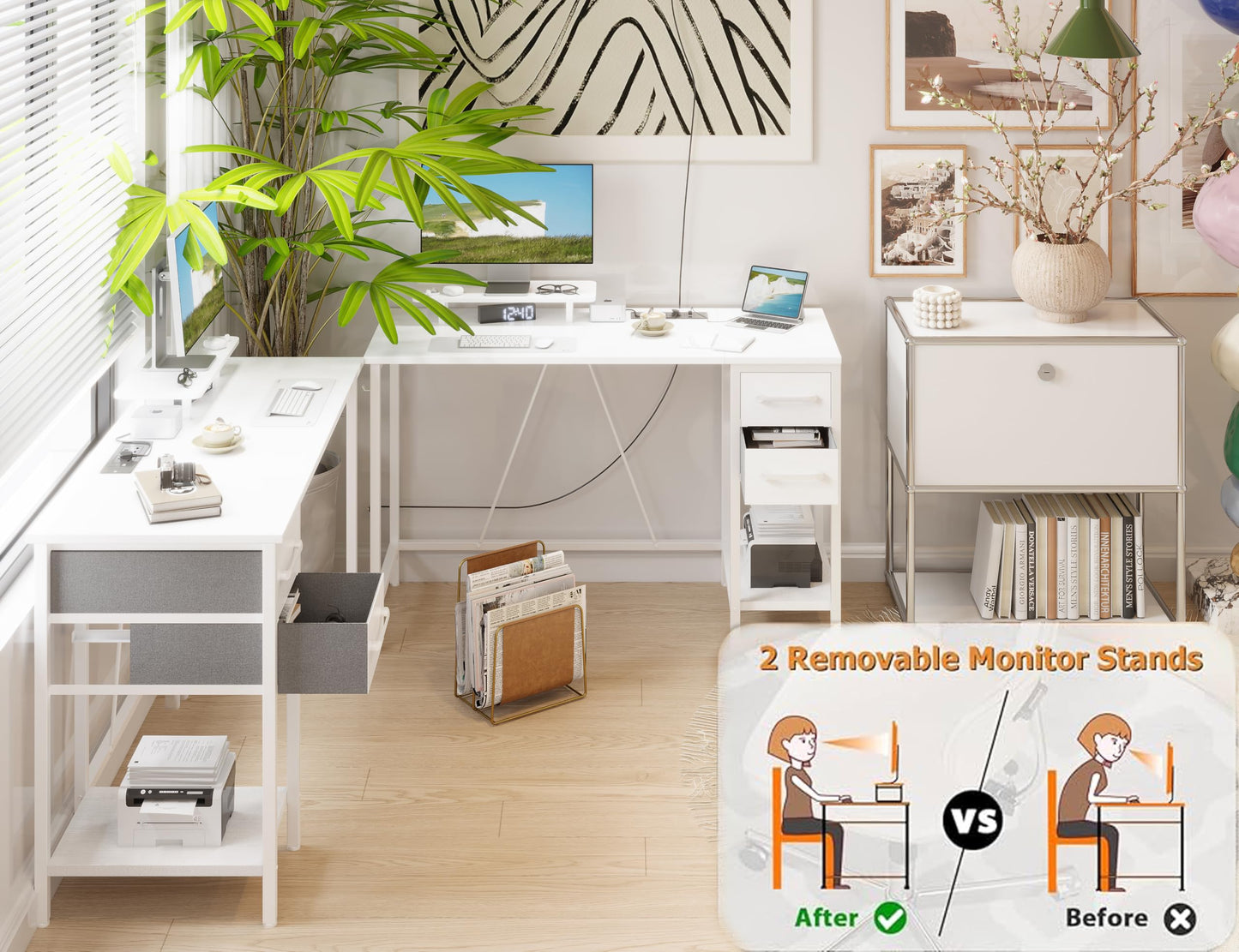 Xyphren 120cm Computer Desk with Drawers & Power Outlets, Office Desk with Storage Monitor Stand, Reversible Small Desks for Home Office Bedroom