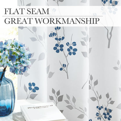 Beauoop Blue Grey Floral Blackout Curtains for Living Room Bedroom 90 Inch Drop Leaf Print Eyelet Curtain Botanical Thermal Insulated Noise Reducing