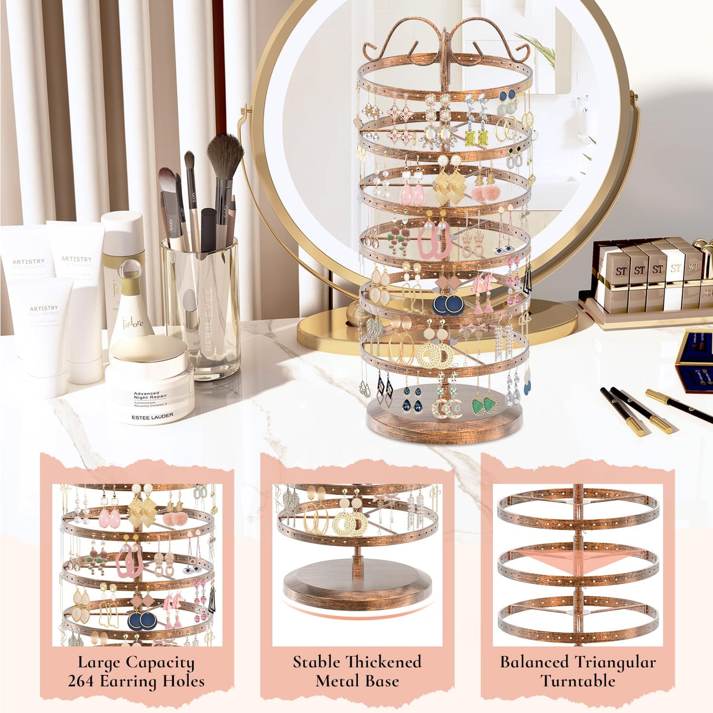 iDavosic.ly 6 Tier Metal Rotating Earring Holder Organizer Stand, Bronze