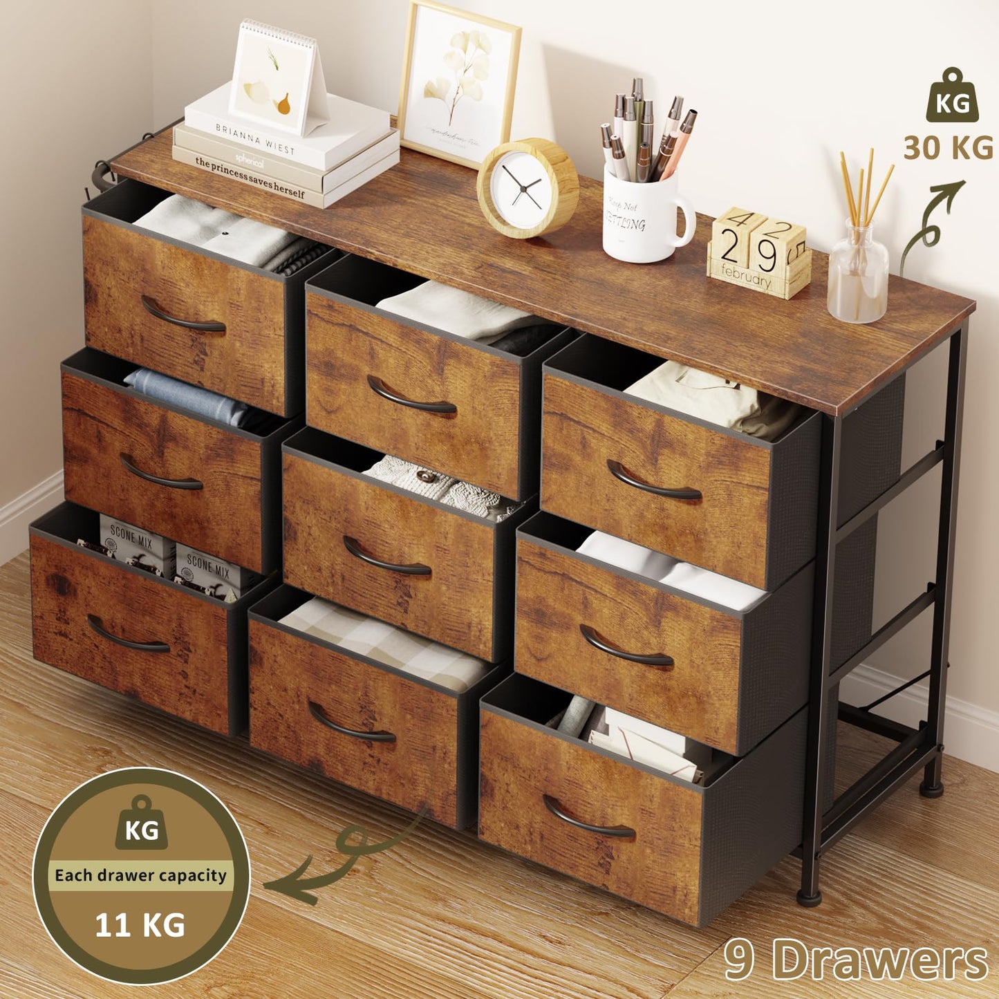 Chest of Drawers 9-Drawer Storage Unit Bedroom Rustic Brown(100x30x65cm)